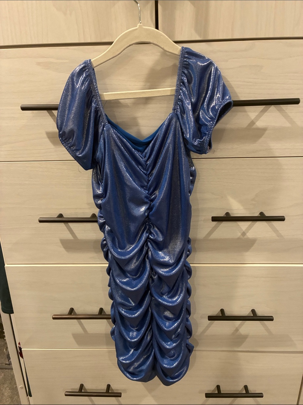 Metallic Blue Ruched Women's Dress